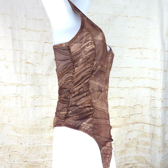 Y2K Bodysuit Women M Brown Jean Pocket Trompe Loeil Mesh Sheer Ruched V-neck VTG - Picture 7 of 15